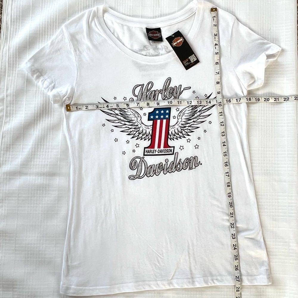 Harley Davidson Women's Winged Graphic Patriot Red White Jewel Biker Tee SZ L - Picture 12 of 14